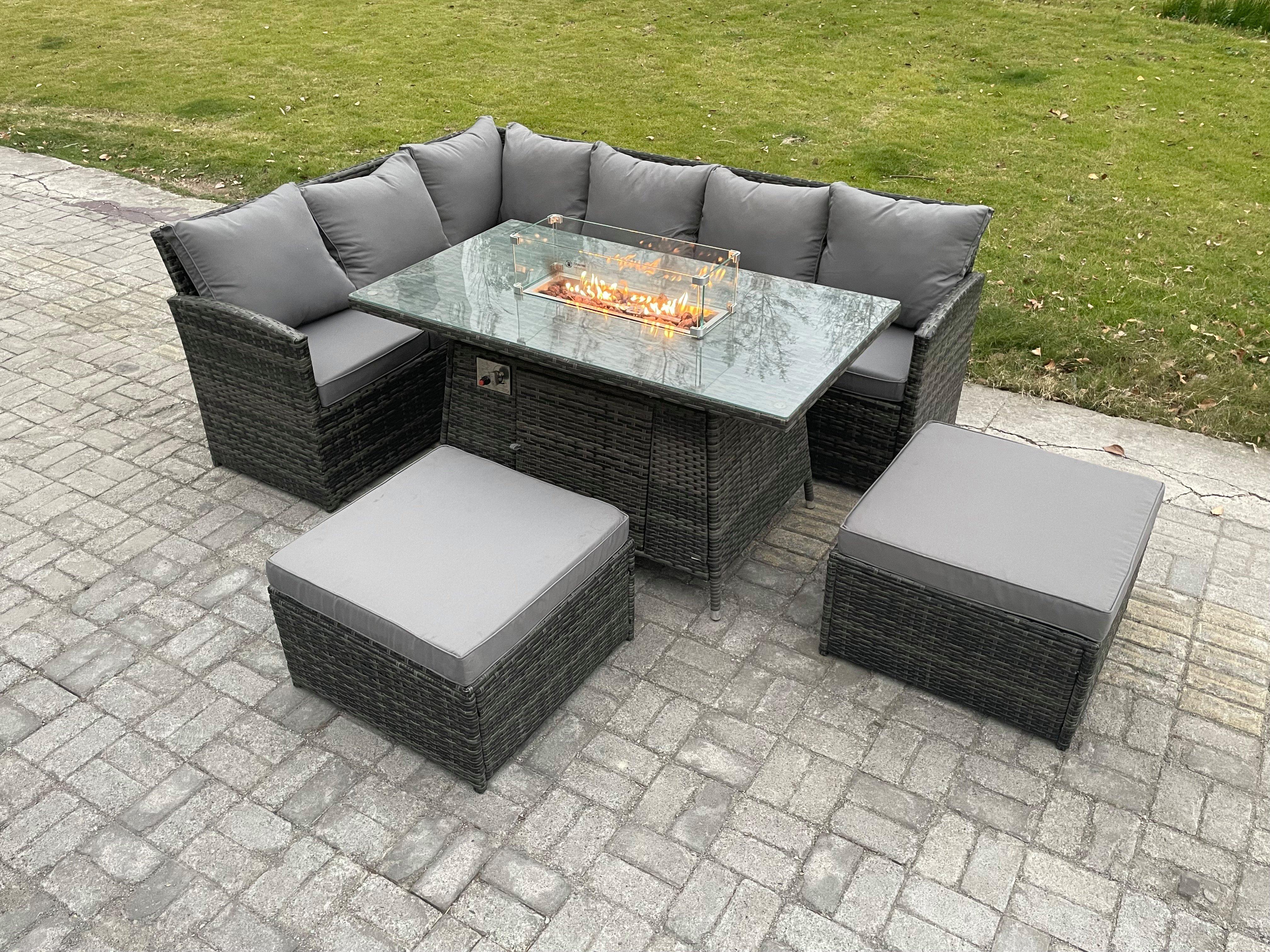 8 Seater Rattan Garden Furniture High Back Corner Sofa Gas Fire Pit Dining Table Sets Gas Heater wit